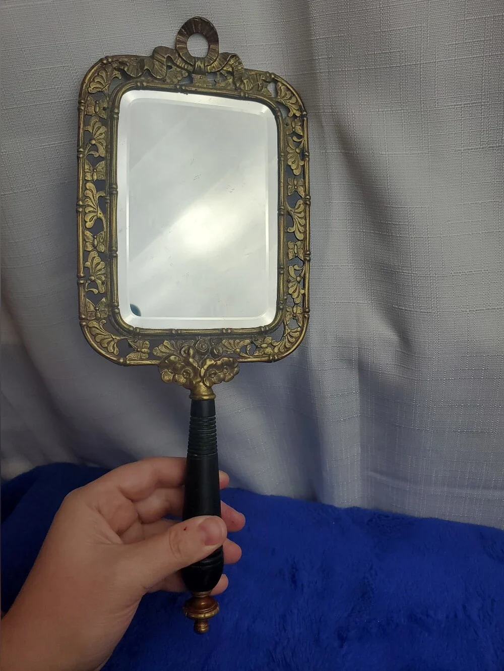 Antique TOWNSHEND 19th Century Ornate Brass Vanity Hand Mirror W/ Ebony Handle